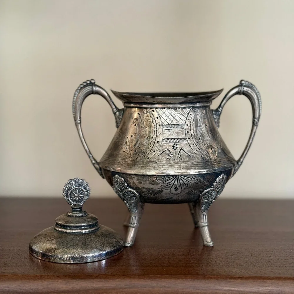 Antique H Schade New York Triple Plate Silver Footed Sugar Bowl Etched 103
